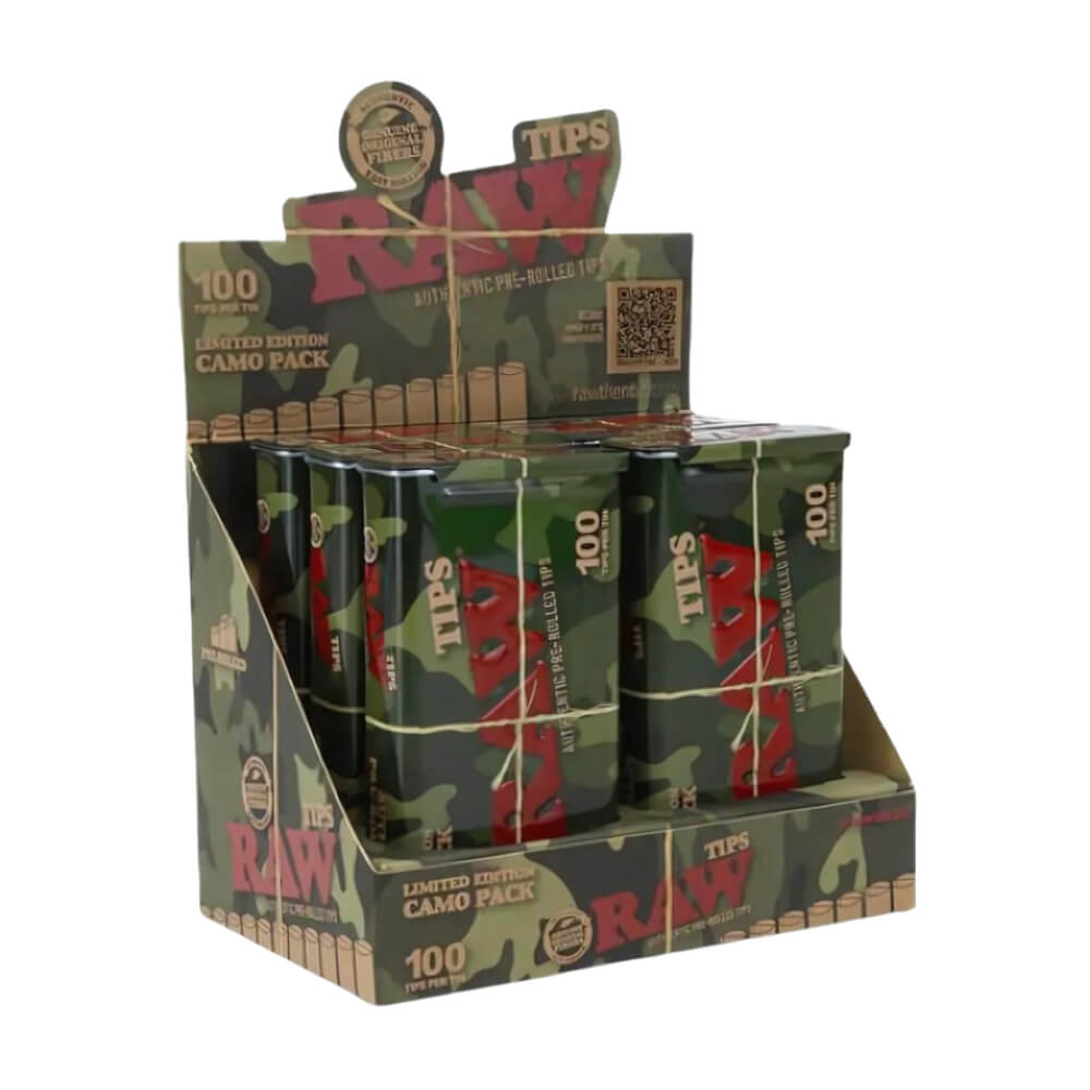 Puntas preenrolladas RAW Camo 100, edición limitada (6 latas/expositor)